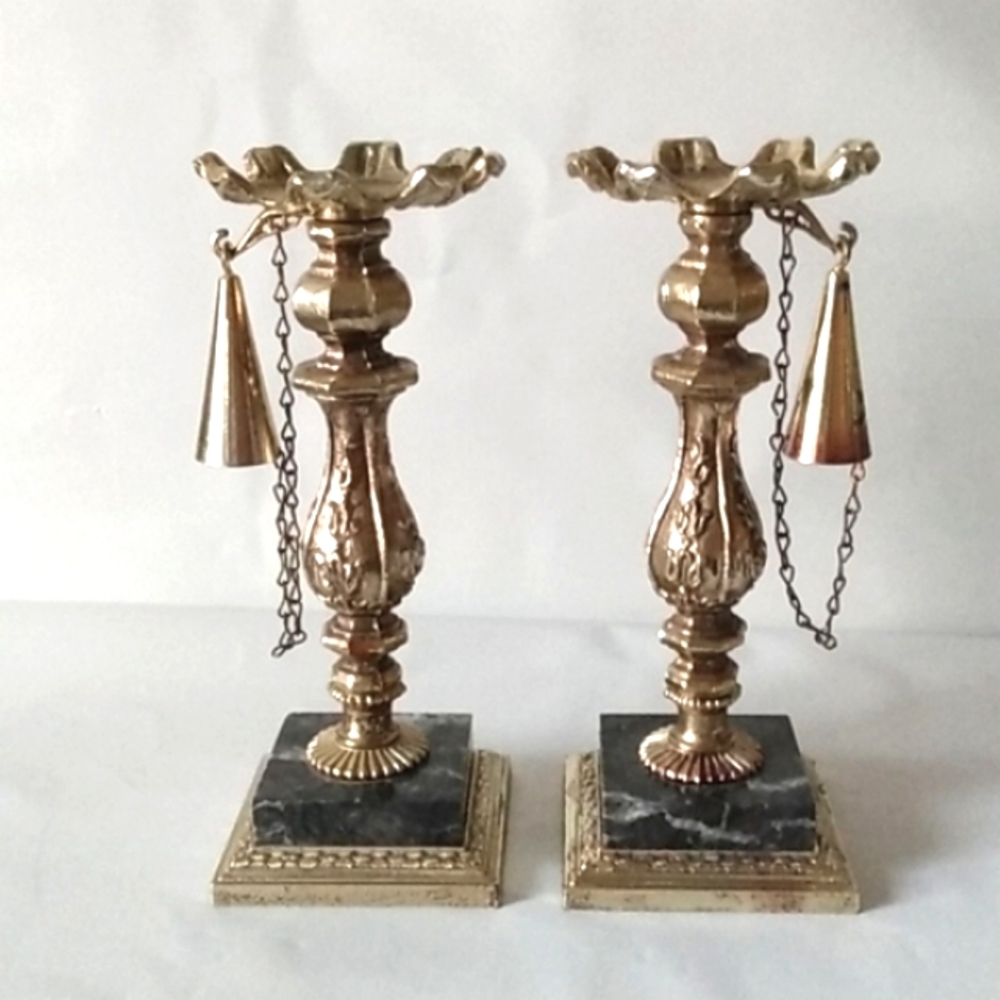 Dilly MFG Co Vintage gilded metal and marble pillar candleholders